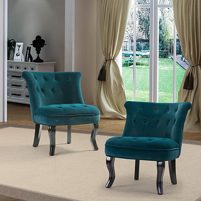 Beige Upholstered Chair (Set of 2) / Jane Tufted Armless Accent Chair with Black Birch Wood Legs for Small Space- Teal
