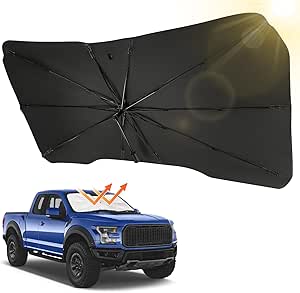 JOYTUTUS Windshield Sun Shade Umbrella Fit for F150, for Full-Size Pickup Truck, Upgraded 360° Rotation Bendable Shaft, Titanium Silver Coating for UV Rays Block, Car Front Window Sun Shade