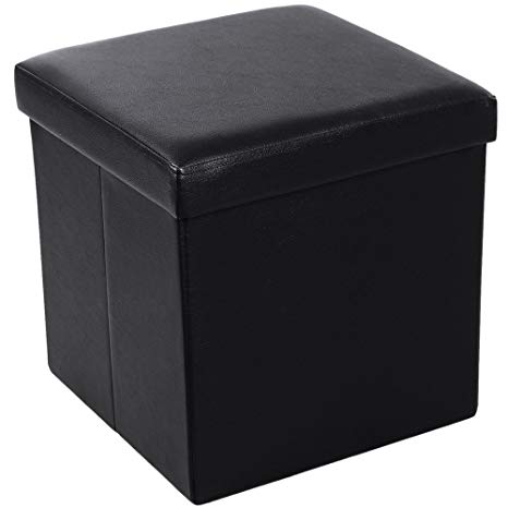 Azadx 15" Storage Ottoman, Faux Leather Folding Storage Tufted Ottoman Cube Foot Rest Stool Seat, Square Shape Footstool, Versatile Storage Box (15" Black Style1)