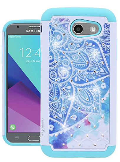 Galaxy J3 Prime Case, Galaxy J3 Eclipse Case, J3 Emerge Case, Amp Prime 2/Express Prime 2/Sol 2/J3 2017/J3 Mission Case, Nuomaofly [Creative] Studded Rhinestone Crystal Bling Hybrid Case (Leaf)