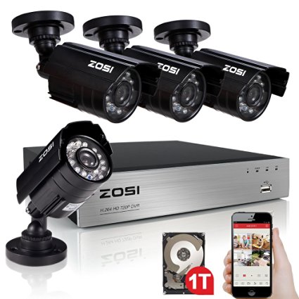 ZOSI 4CH 720P AHD Security Camera System with 4 Weatherproof 3.6mm Lens 20m Night Vision 720P Security Cameras 1TB Hard Disk Support Smartphone Scan QR Code Quick Remote Access