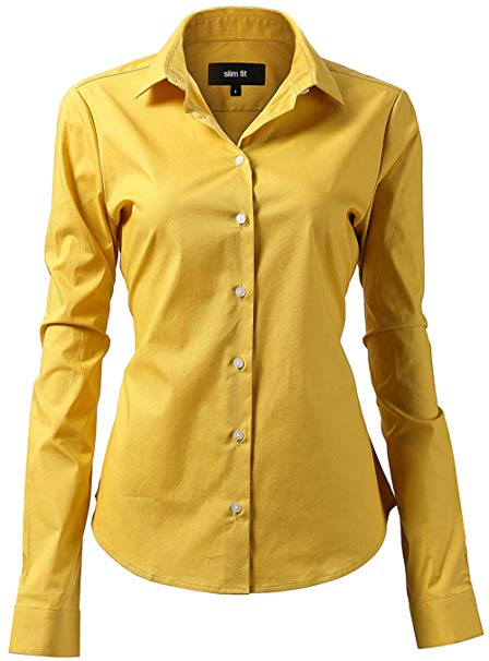 Harrms Womens Basic Long Sleeve Slim Fit Casual Button Up Shirt Stretch Formal Shirts