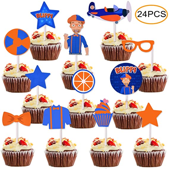 24pcs/Set Blippi Cake Toppers Picks Cupcake Decoration Kids Birthday Party Supplies Gift