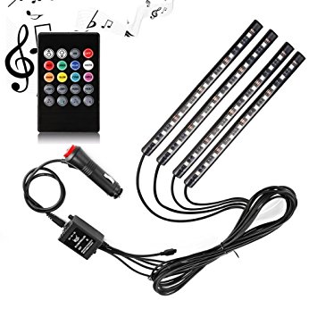 Car LED Strip Lights,YaphteS 4pcs 72 LED DC 12V Multi-color Car Interior Music Light LED Underdash Lighting Kit with Sound Active Function and Wireless Remote Control, Car Charger Included