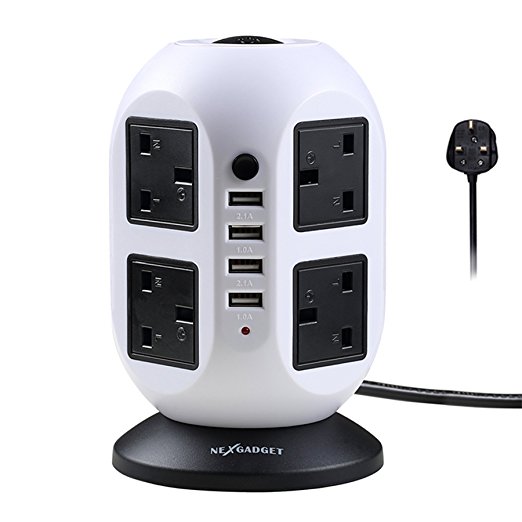 NEXGADGET Smart 8 Multi-Outlets Power Strip Tower Power Socket Surge Protector (2500W 110-250V) with 4 Port USB Charging Ports 6.5 Feet Power Cord