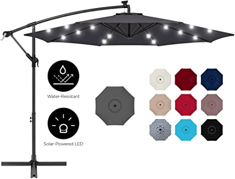 Best Choice Products 10ft Solar LED Offset Hanging Outdoor Market Patio Umbrella w/Easy Tilt Adjustment - Gray