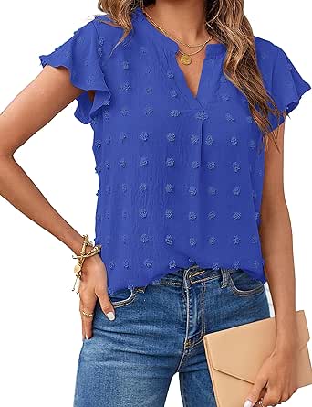 MEROKEETY Women 2024 Summer V Neck Ruffle Short Sleeve Blouse Swiss Dot Flowy Shirt Tunic Top