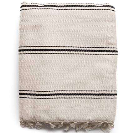 The Loomia Turkish Cotton Blanket - Sophie Handloom Boho Series (100% Turkish Cotton, 74" X 98" Full-Queen Size, Cream-Beige Black)