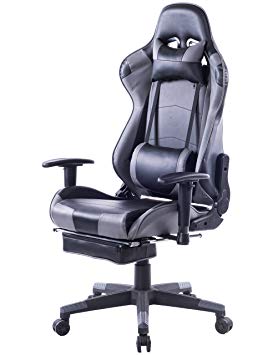 HEALGEN Big and Tall Gaming Chair With Footrest PC Computer Video Game Chair Racing Gamer Pu Leather Chair High Back Swivel Executive Ergonomic Office Chair with Headrest Lumbar Support Cushion (Grey)