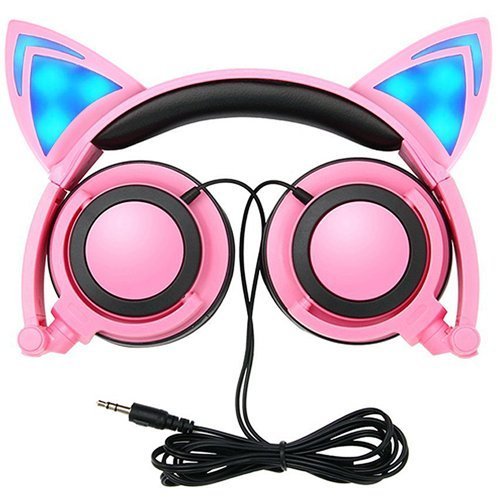 Cat Ear Headphones,SNOW WI Flashing Glowing Cosplay Fancy Cat Headphones Foldable Over-Ear Gaming Headsets Earphone with LED Flash light for iPhone 7/6S/iPad,Android Mobile Phone,Macbook (pink)