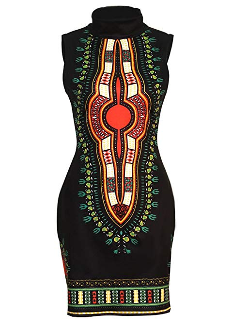 shekiss Women's Traditional African Print Dashiki Bodycon Sleeveless High Collar Dress