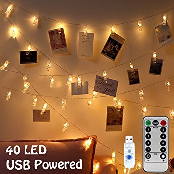 JESWELL Photo Clip String Lights with Remote, USB Powered 40 LED Picture Light Dimmable, 8 Light Modes & Timer for Hanging Photos Pictures Card, Gift for Wedding Birthday Party Christmas Decor
