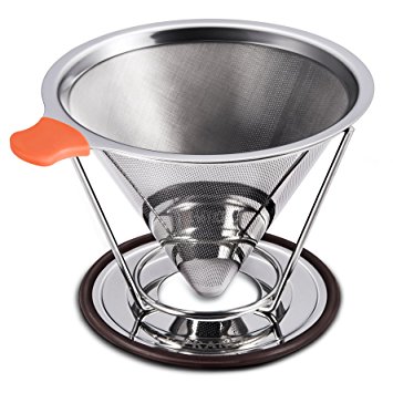 E-PRANCE Pour Over Coffee Filter, Clever Cone Coffee Dripper Paperless, Permanent 18/8 (304) Stainless Steel double mesh Pour Over Coffee Maker with Stand for 1-4 cups