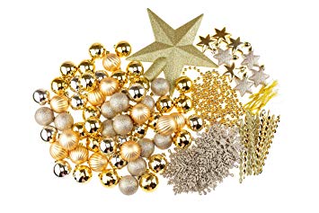 Clever Creations 100 Piece Christmas Tree Decoration Kit - Includes Tree Topper, Variety of Ornaments, and Bead Garlands - Premium Gold Holiday Decor