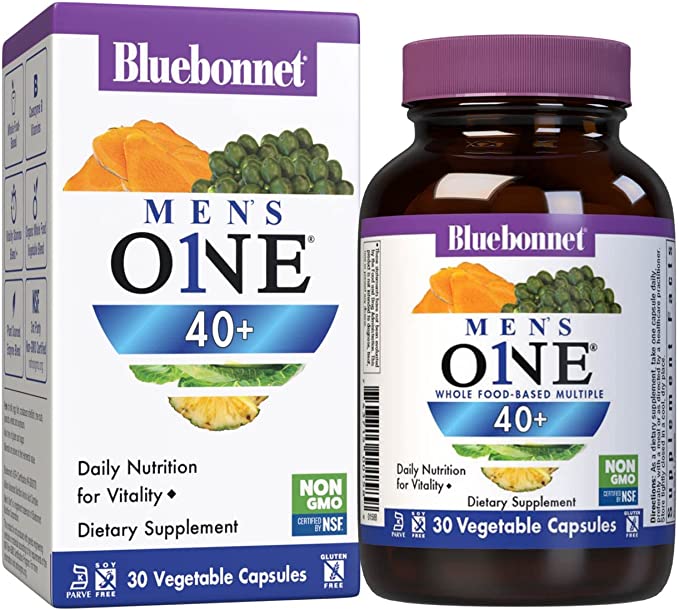 Bluebonnet Nutrition Mens' ONE 40  Whole Food-Based Multiple, Men Multivitamin for Men 40 , Soy-Free, Non-GMO, Gluten Free, Kosher, 30 Vegetable Capsules, 30 Servings