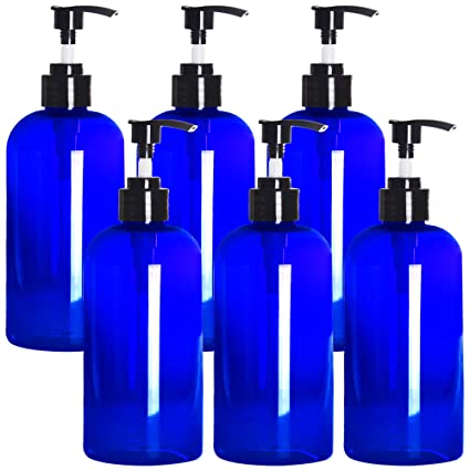 Youngever 6 Pack Blue Plastic Pump Bottles, Refillable Plastic Pump Bottles for Dispensing Lotions, Shampoos, Hand Sanitizer and More (12 Ounce)