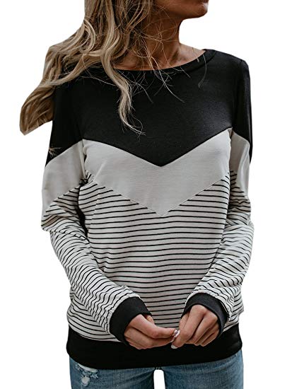Valphsio Womens Casual Long Sleeve Pullover Shirts Color Block Striped Sweatshirt