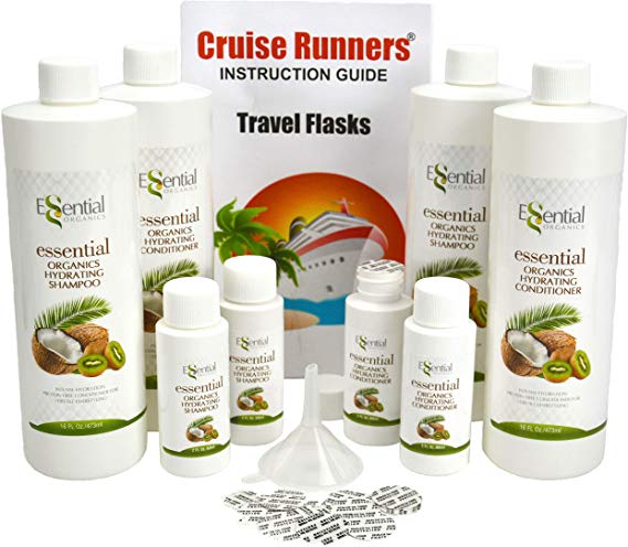 CRUISE RUNNERS Fake Shampoo Conditioner Flask Kit For Hiding Hidden Liquor Sneak Smuggle Alcohol On Booze Cruise With 4 TSA Travel Size Plastic Drinking Flask Bottles and Seals Enjoy Rum Runners