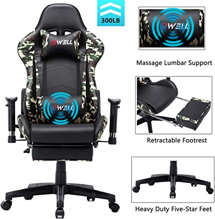 EDWELL Gaming Chair with Footrest,High Back Computer Gaming Chair, Racing Style Ergonomic Office Chair PU Leather Desk Chair with Headrest and Massage Lumbar Support, Camo