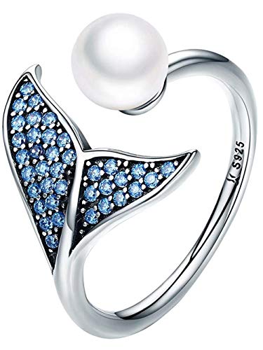 Presentski Sterling Silver Adjustable Mermaid Pearl Engagement Open Rings for Women