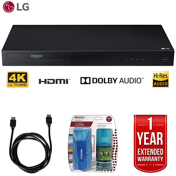 LG UBK80 4k Ultra-HD Blu-Ray Player w/ HDR Compatibility   LCD Screen Cleaner w/ Micro Fiber Cloth and Cleaning Brush   6ft High Speed HDMI Cable (Black)   1 Year Extended Warranty