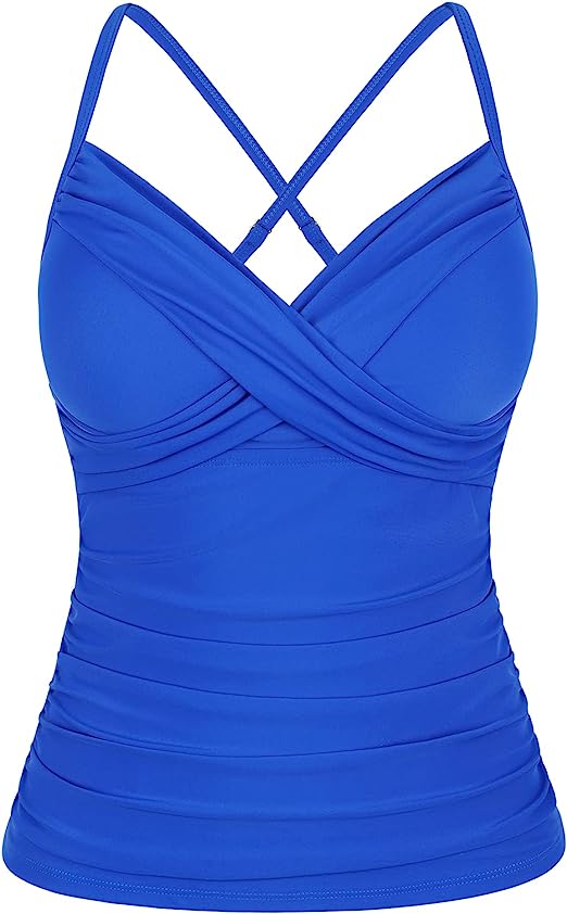 Firpearl Underwire Tankini Swimsuits for Women Twist V Neck Swim Top for Big Busted Tummy Control Bathing Suit Tops Only