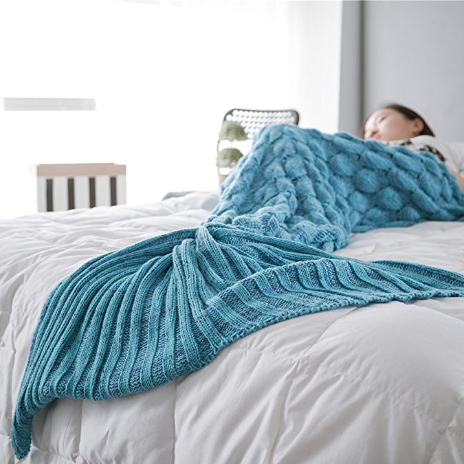 Mermaid Tail Blanket Crochet and Mermaid Blanket for Adult Girlfriends Mothers,Super Soft All Seasons Sleeping Gifts Blankets,71"x 35.5" (Blue)