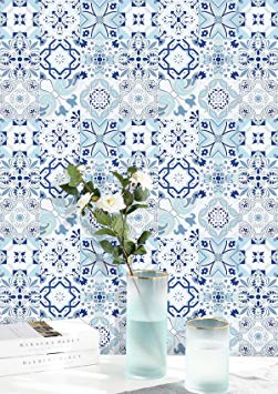 Wallpaper Blue Flower Contact Paper White Tile Peel and Stick Wallpaper Removable Wall Paper Waterproof Wall Covering Embossed Self Adhesive Wallpaper Shelf Drawer Liner Vinyl Decal Roll17.7’’x78.7’’