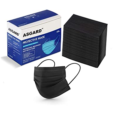 ASGARD® Certified 3 Layer Protective Face Mask with NOSE CLIP, Bacterial Filtration Efficiency(BFE)≥98.5%, Particle Filtration Efficiency(PEE)≥94% (Pack of 100, Black)