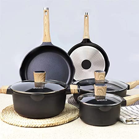 Sakuchi Black Non stick Pots and Pan Set 8 Pcs Kitchen Induction Cookware Sets, Dishwasher Safe, Saute Pan/Frying Pan/Saucepan with Cool-touch Handles, Toxin Free Child Safety.