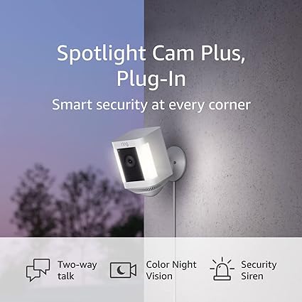 Certified Refurbished Ring Spotlight Cam Plus, Plug-in | Two-Way Talk, Color Night Vision, and Security Siren (2022 release) - White