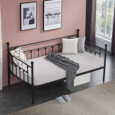 VECELO Daybed Frame/ Multifunctional Metal Platform with Headboard Victorian Style/Mattress Foundation/Children Bed Sofa for Guest Living Room,Twin, Black