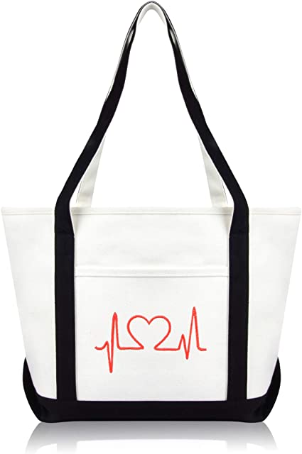 DALIX Heartbeat Embroidered Premium Cotton Canvas RN Nurse Tote Bag in Black