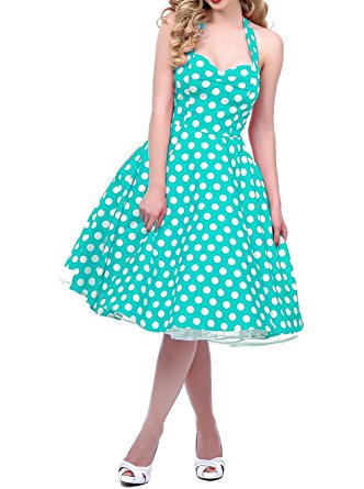 BI.TENCON 1950s Halter Style Vintage Polka Dot Swing Party Dress