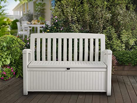 KETER 60 Gallon Storage Bench Deck Box for Patio Furniture, Front Porch Decor and Outdoor Seating – Perfect to Store Garden Tools and Pool Toys (White)