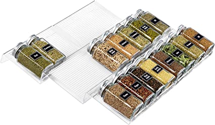 Lifewit Spice Drawer Organizer Spice Rack Seasoning Jars Storage Tray Adjustable Expandable for Kitchen, Countertop, Cabinet, Shelf, 3 Tiers, Set of 6, Clear