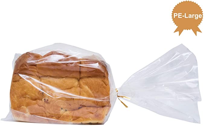 Wowfit Bread Poly Bags(PE Material) – Pack of 100 Entirely Transparent Clear Bakery Bags – FDA-Approved Bread Loaf Packing Bags with 100 Gold Twist Ties – 8x4x18-Inch Grocery Bread Bags