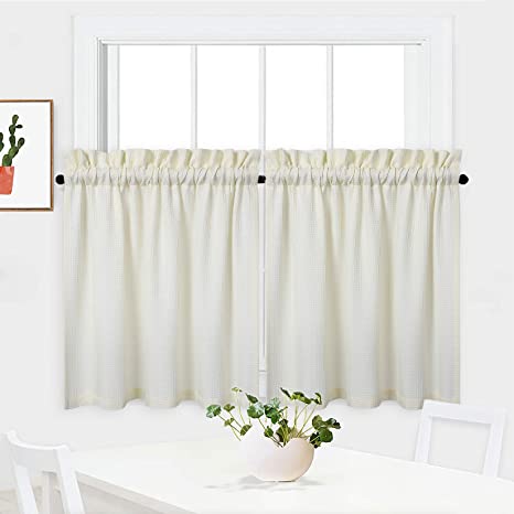 NANAN Tier Curtains 24 Inch Length, Waffle Weave Textured Short Curtain for Bathroom Waterproof Window Covering Kitchen Cafe Curtains - 30" x 24", Ivory, Set of 2