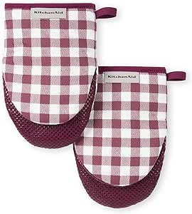 KitchenAid Gingham Cotton Rectangle Mini Oven Mitt 2-Pack Set, Beet, 5.5"x8"