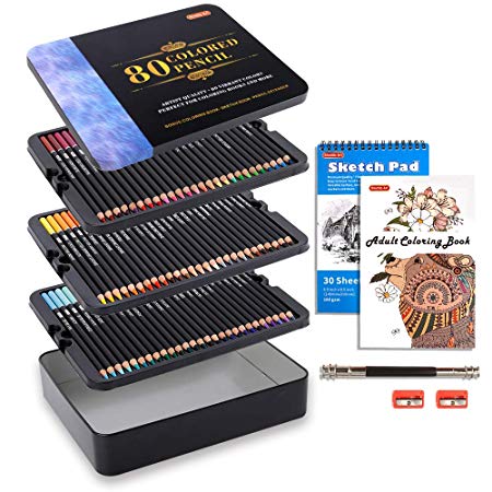 Professional Colored Pencils, Shuttle Art 80 Colors Soft Core Pencil Set with 1 Coloring Book,1 Sketch Pad, 2 Sharpener, 1 Pencil Extender, Perfect Set for Artists Adult Beginners