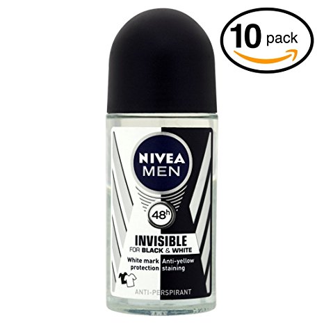 (Pack of 10 Bottles) Nivea INVISIBLE, BLACK & WHITE Men's Roll-On Antiperspirant & Deodorant. 48-Hour Protection Against Underarm Wetness. (Pack of 10 Bottles, 1.7oz / 50ml Each Bottle)