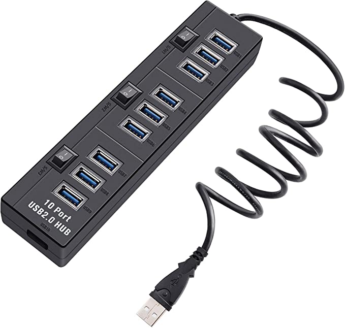 Pasow 10 Port High Speed USB 2.0 Hub with Power Adapter and 3 Control Switches (Black)