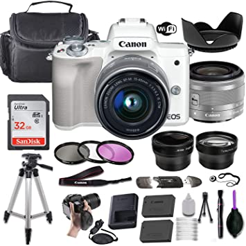 Canon EOS M50 Mirrorless Digital Camera (White) w/EF-M 15-45mm f/3.5-6.3 is STM   Wide-Angle and Telephoto Lenses   Portable Tripod   Memory Card   Deluxe Accessory Bundle