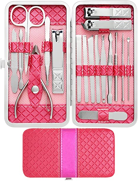 Manicure Set Nail Clipper Pedicure Kit Professional Grooming 18 in 1 Kit Stainless Steel Toenail Nail Care Tools Cuticle Nippers Pusher Remover with Portable Leather Travel Case for Men Women (Red)