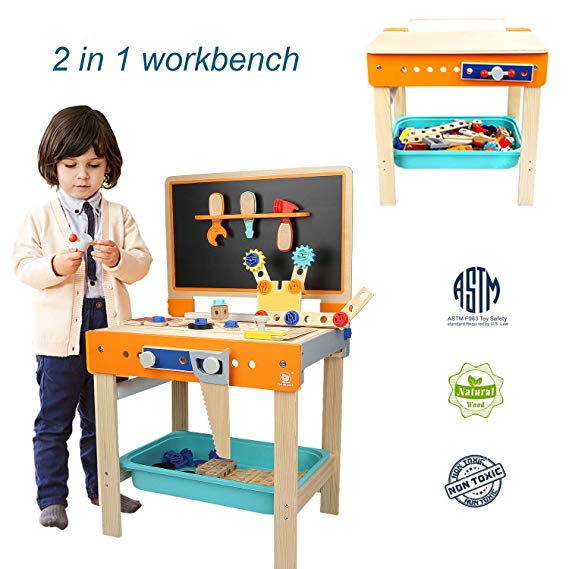 TOP BRIGHT Tool Bench Set Kids Toy Play Workbench for Toddler Workshop, Wooden Construction Bench for Boy Gifts 3 Year Old and Up