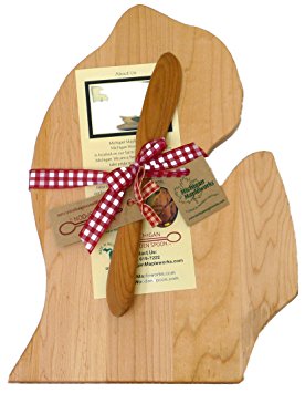 Michigan Mapleworks Lower Peninsula Mitt Shaped Maple Cutting Board with Cherry Wood Cheese Spreader Gift Set
