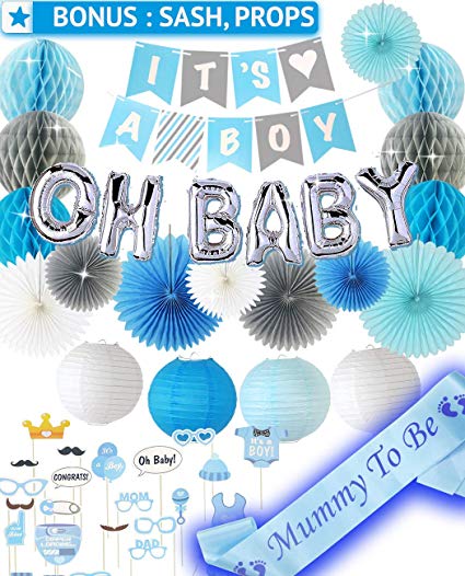 PGNART Baby Shower Decorations for Boy Kit 58 PIECES | It's A BOY Banner | OH BABY Balloon | Mom To Be Sash | Photo Props | Garland Bunting Banner | Paper Lanterns | Honeycomb Balls | Tissue Paper Fan