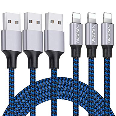 iPhone Charger, YUNSONG 3Pack 6FT Nylon Braided Lightning Cable Charging Cord USB Cable Compatible with iPhone Xs MAX XR X 8 7 6S 6 Plus SE 5S 5C 5 (Blue)