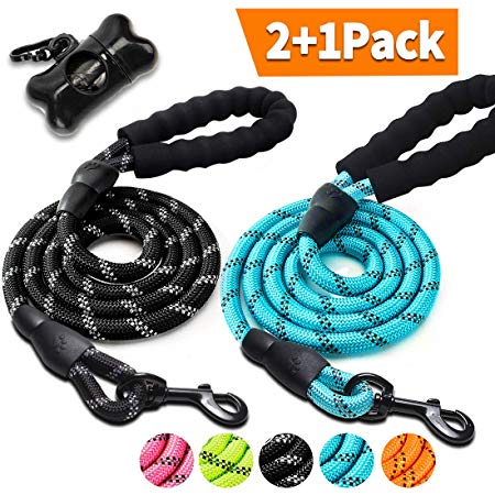 2 Pack Dog Leash 5 FT Thick Durable Nylon Rope with Padded Handle and Reflective Surface – Multiple Color Options and Free Bag Dispenser