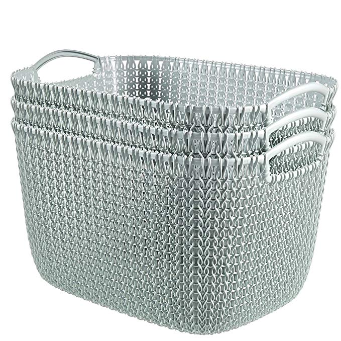 Keter Curver KNIT Style Large Storage Baskets Resin Plastic Rectangular 3-Piece Set, Misty Blue